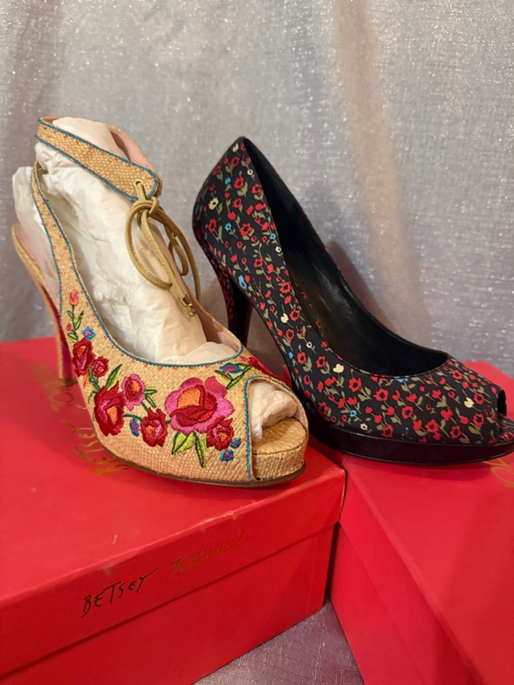 Betsey Johnson Embroidered Beige Peep-Toe Heel & Black Floral Pump
